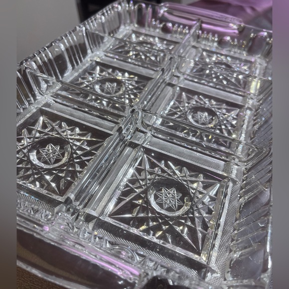 Vintage Czech Bohemian Hand Cut Crystal Antique Rectangular Tray 6 sections - Picture 3 of 6